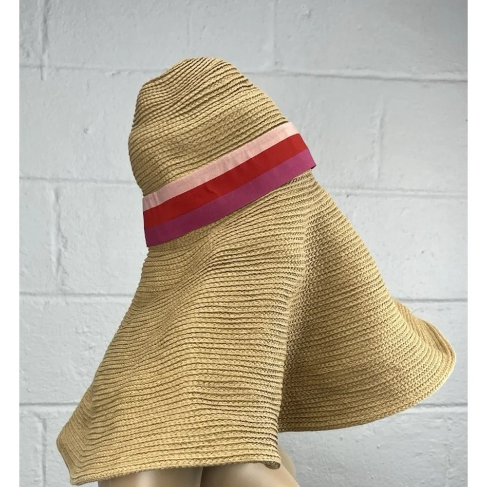 Trina Turk Palmas‎ Oversized Sun Hat OS NWOT Pink Ribbon Tan Floppy Resort Beach